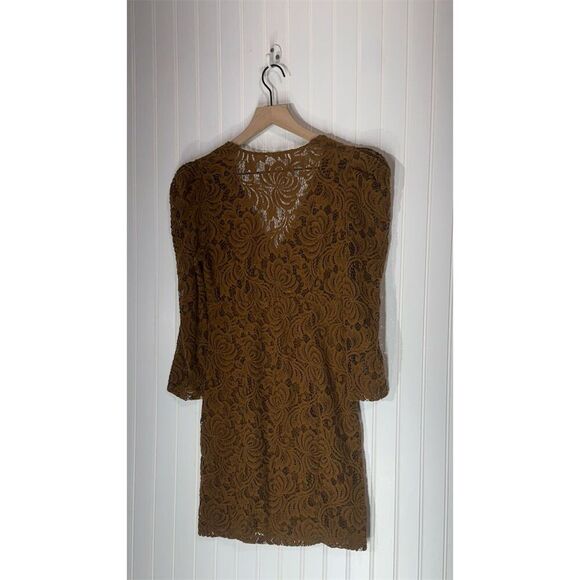 Free People brown lace puff sleeve minidress S boho romantic cottagecore witchy - Picture 2 of 8